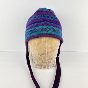 Verbier Wool Knit Beanie Hat Cap Fair Isle Pattern Ear Flaps